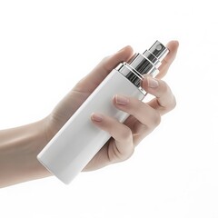 Hand holding a white cosmetic spray bottle with silver accents on a white background