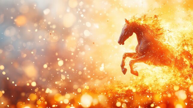 Fiery Stallion's Ascent: A majestic stallion emerges from the fiery depths, its form sculpted by flames, symbolizing power, passion, and indomitable spirit. The image conveys energy.