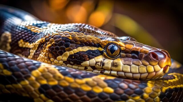 Close-up of a beautiful patterned snake with intricate scales and vibrant colors, resting calmly in its natural habitat.
