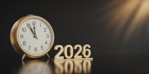 Gold Alarm Clock & 2026 Numerals on Dark Wood — Luxury New Year Countdown