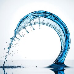 Dynamic blue water splash frozen in a perfect arc against white background