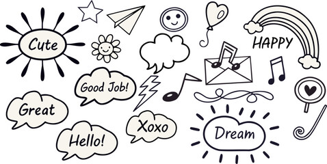 Cute Happy Doodle Set – Hand-Drawn Hearts, Stars, Speech Bubbles, Sketch Icons Vector Pack