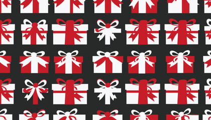 Obraz premium Seamless Pattern of Red and White Christmas Gift Boxes on Dark Background for Holiday Design
