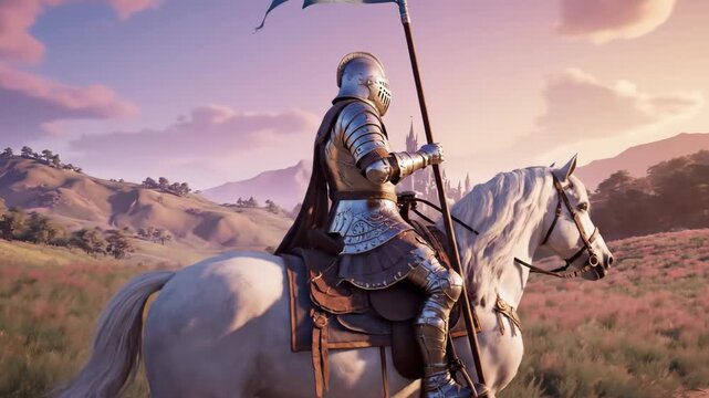 Knight on a white horse holding a lance with a blue flag riding through a field toward a distant fantasy castle.
