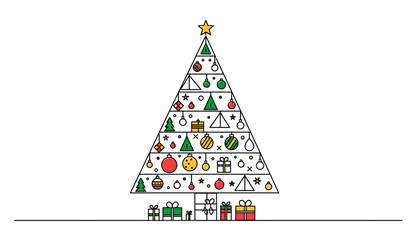 Minimalist Line Art Christmas Tree with Decorations and Presents Icon