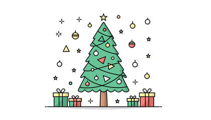 Minimalist Flat Design Christmas Tree with Gifts and Ornaments Illustration