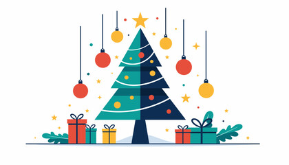 Festive Flat Illustration of a Christmas Tree with Gifts and Hanging Ornaments