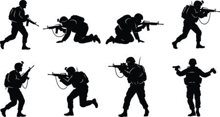 Armed soldier silhouettes, tactical combat poses, black vector figures, military gear detail, defense movement study, minimal design, battlefield concept, warfare art