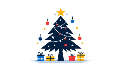 Minimalist Dark Blue Christmas Tree Illustration with Gifts and Ornaments on White Background