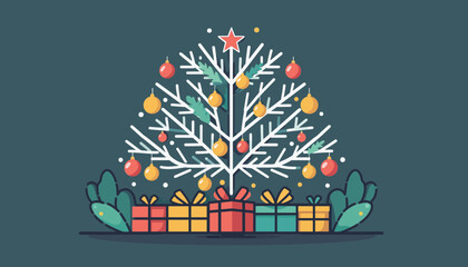 Minimalist Flat Design Christmas Tree with Gifts and Ornaments on Dark Background