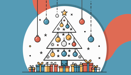 Minimalist Line Art Christmas Tree with Presents and Hanging Ornaments for Holiday Design