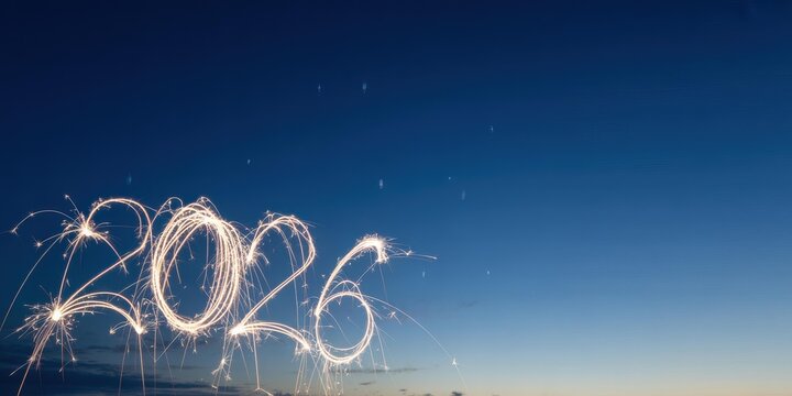 2026 Sparkler Light Painting — Golden Trails on Deep Blue Twilight Sky, Panoramic New Year Banner with Copy Space - Powered by Adobe