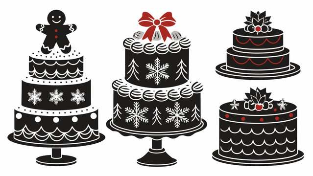 Illustration of three tiered christmas cakes with gingerbread man and festive decorations design