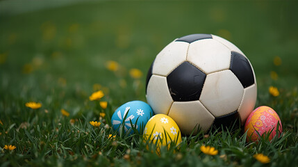 Soccer ball with easter decorated eggs in the grass 