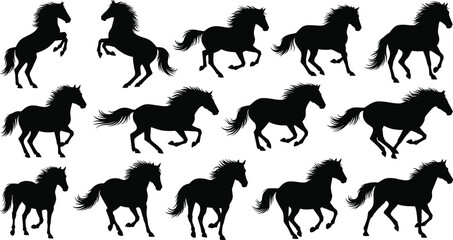 Black silhouette horses in dynamic poses, rearing, walking, and galloping animals, vector illustration for farm design, equine icon set, motion concept
