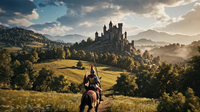 Knight on horseback journeying through a rural landscape towards a distant majestic medieval castle
