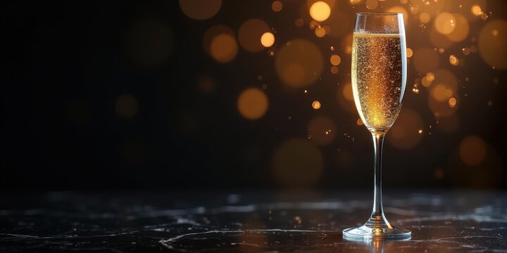 Luxury champagne flute with golden bubbles on black marble — New Year festive vertical banner with left copy space
