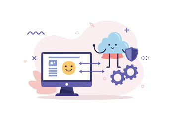 Secure cloud computing concept with user interaction and protected data flow represented by a friendly cloud and shield