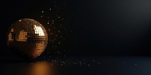 3D Render Golden Mirrored Disco Ball on Dark Gradient — Luxury New Year's Eve Party Banner with Gold Glitter & Reflection