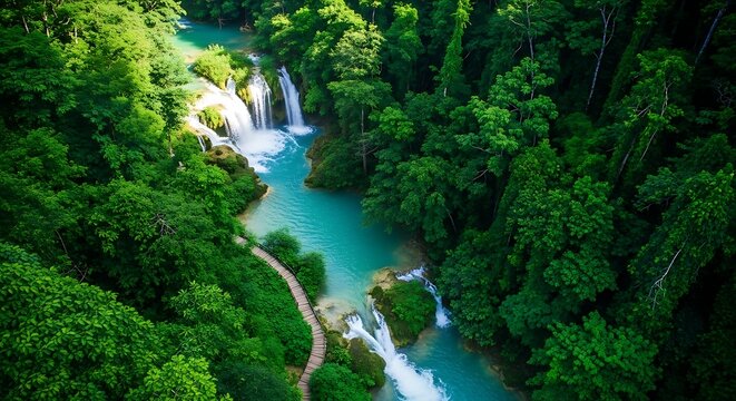 Lush green forest waterfall aerial view