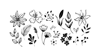 Many different faces, leaves, flowers, and shapes in an ink painting style. Simple, modern drawings made by hand. Lines are smooth and basic. All parts are separate. vector icon