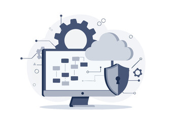 Abstract representation of secure cloud computing, data management, and operational technology for digital systems