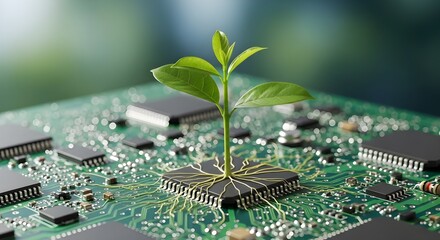 Green Plant Growing from Circuit Board Representing Sustainable Technology and Green Computing