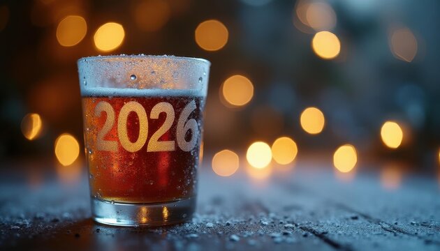 New Year 2026 Frosted Beer Glass Etched '2026' — NYE Beer Promo Banner