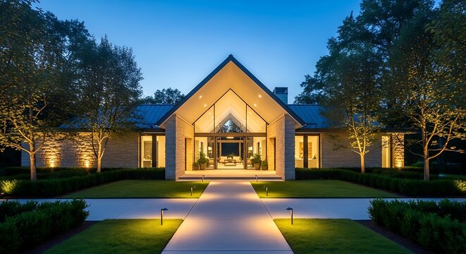 Modern luxury home entrance at dusk with illuminated pathway