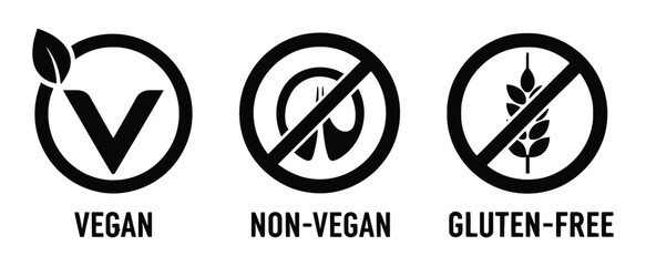 Illustration showing vegan,non-vegan, and gluten-free symbols in black and white, indicating dietary options