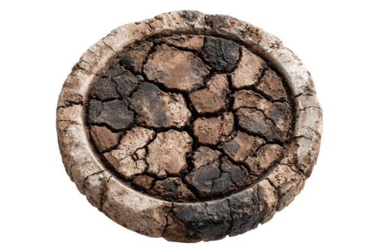 Ancient Pottery Texture: A close-up view of an antique pottery shard showcases the beauty of age. The circular relic reveals intricate cracked textures. 