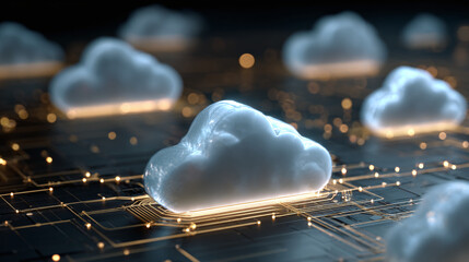 Cloud computing concept, with luminous cloud icons representing data storage and processing 