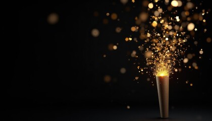 Gold Cone Fountain Sparkler on Black — Golden Sparks, Star Glitter & Bokeh, Left Copy Space for Luxury New Year/Gala Banner
