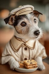 Humorous concept of pet hospitality with dog dressed as chef serving cookies, ideal for marketing, pet care, or culinary promotions in playful, minimalistic settings
