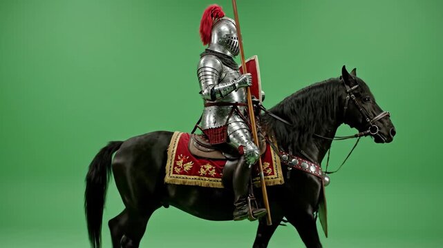 Medieval knight in full armor with shield and spear riding astride a black horse sideways on a green screen. historical reenactment.