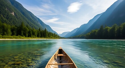 Canoe on turquoise river between majestic mountains