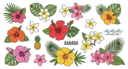 Hawaiian tropical decorative collection featuring bright red hibiscus and pink plumeria flowers rendered in a vibrant 2D flat vector illustration, isolated on a clean white background.
