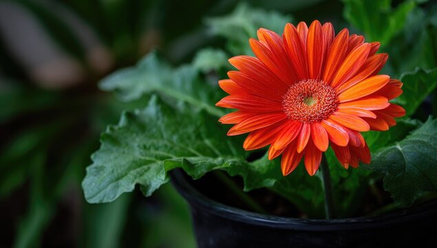 Vibrant orange daisy flower with lush green leaves in a black pot, close-up