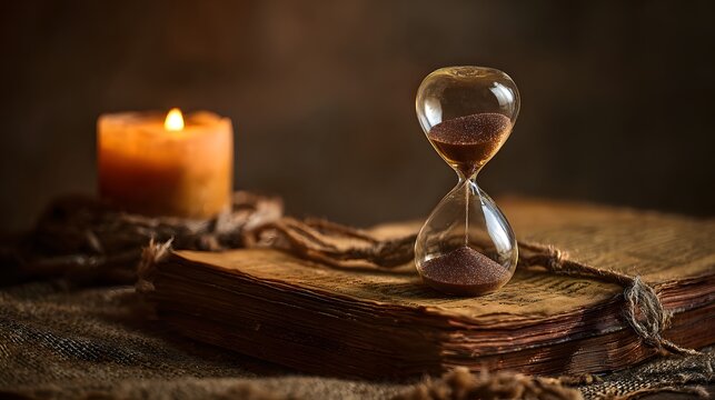 Hourglass sits atop an aged book illuminated by a warm, glowing candle