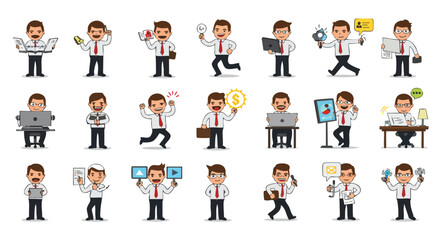 A diverse collection of cartoon businessmen performing various professional activities and modern digital tasks in an office setting