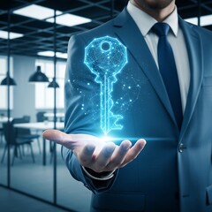 Businessman holding a glowing digital key in his open palm