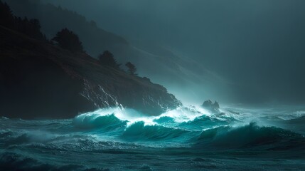 Powerful turquoise waves crash dramatically against a dark, misty coastline under dim lighting