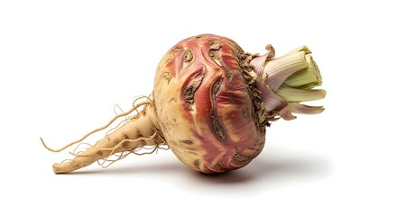 Single fresh celeriac root with roots and leaves