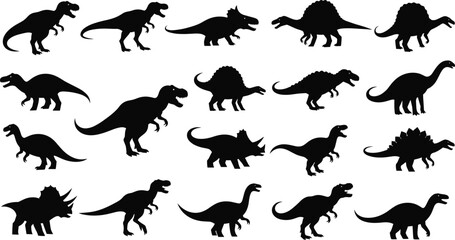 Dinosaur silhouette illustrations, prehistoric species comparison, black vector animals, educational design, minimal style, fossil concept, creature shapes, natural history art