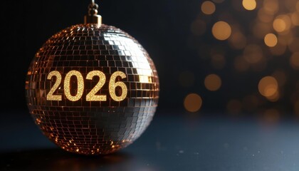 Gold mirrored disco ball with '2026' numerals — New Year social media banner