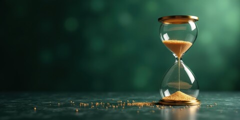 Minimalist gold-sand hourglass, dark emerald bokeh — countdown banner