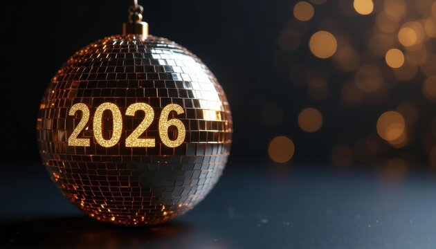 Gold mirrored disco ball with '2026' numerals — New Year social media banner