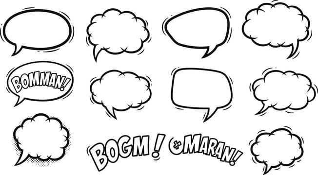 Cartoon Speech Bubbles Set Outline, Comic Style Icons, Transparent Background Shapes