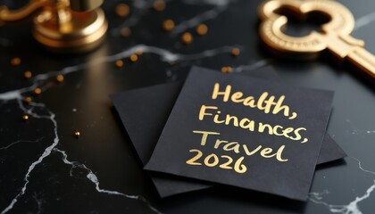 Black & Gold Marble Flat Lay — 2026 Resolutions: Health, Finances, Travel