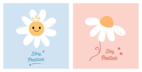 Naklejka premium Cute daisy motivation poster set vector, smiling flower with crown on pastel blue and peach backgrounds, positive quote illustration for kids wall art, card, and sticker design.